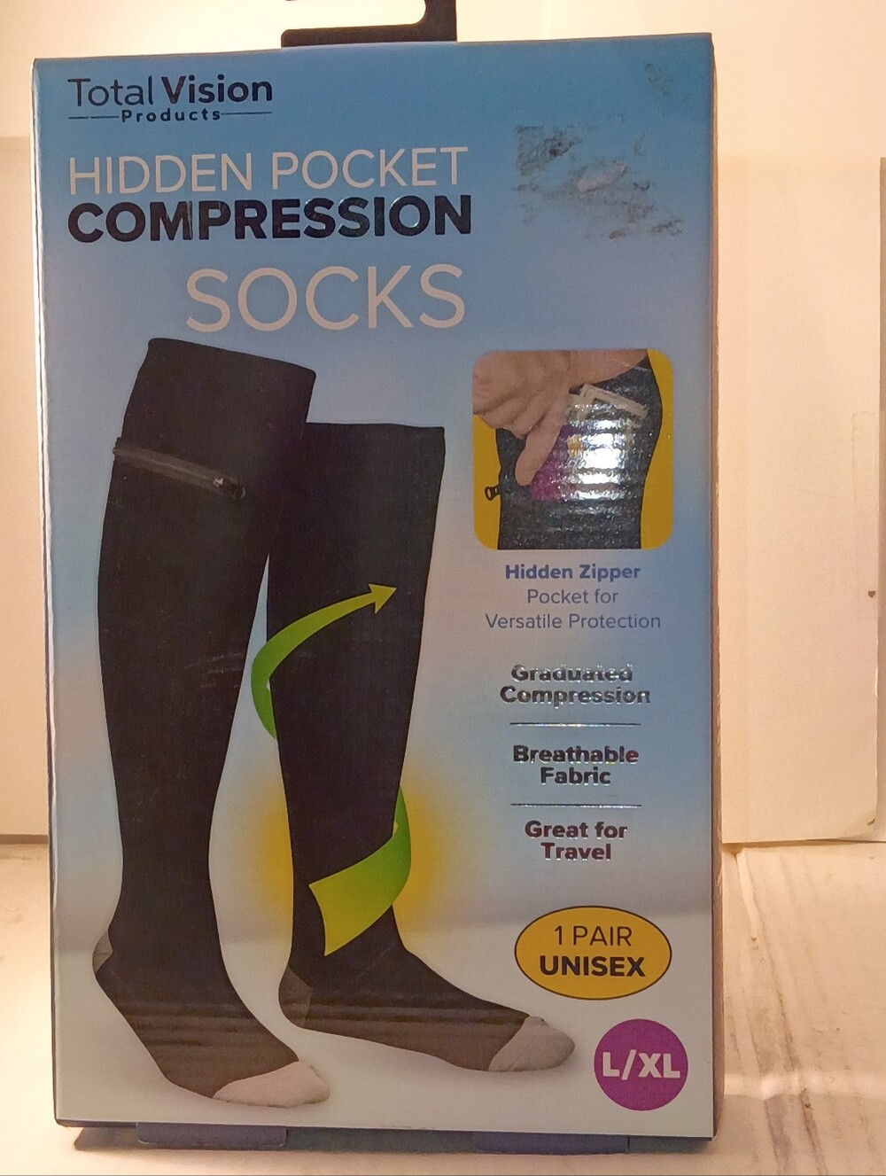 Total Vision Black Hidden Pocket Compression Athletic Socks - L/XL
